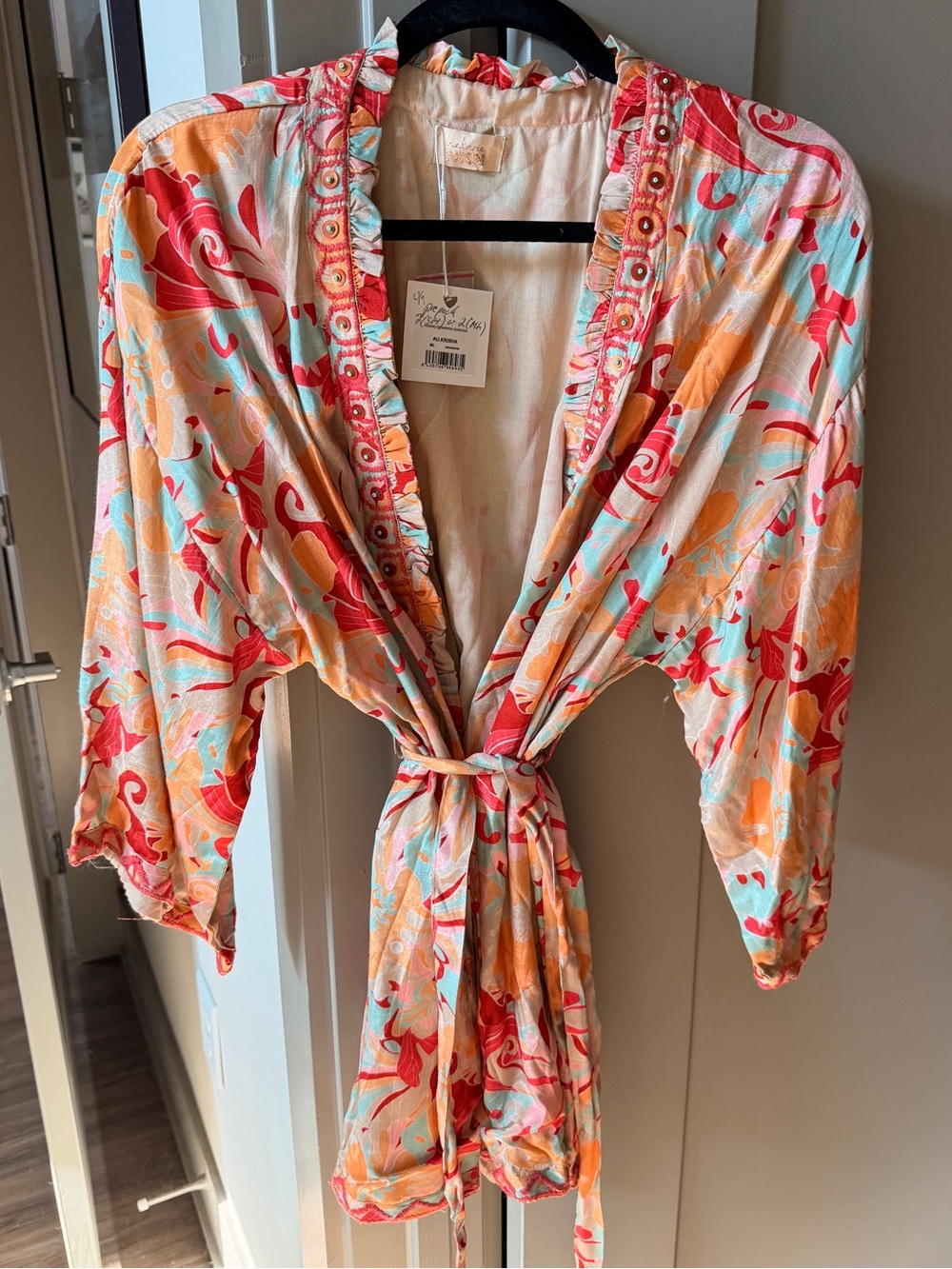 Nekane NKN Lightweight Floral Tie-Waist Kimono Robe - Coral Multi